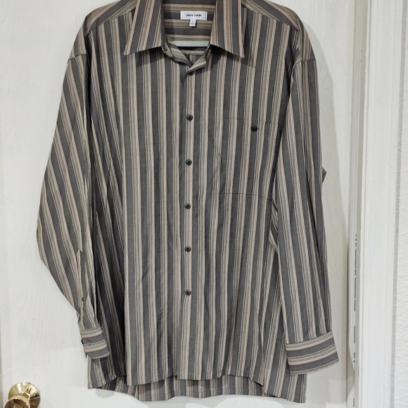 Pierre Cardin Striped Button Down Shirt Green Size L 16-16 1/2 - Picture 1 of 7